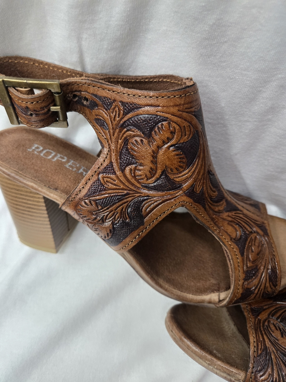 Roper Brown Tooled Leather Open-Toe Block Heel Sandal